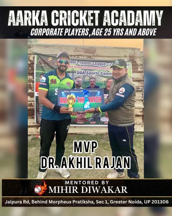 We celebrate individual excellence in our corporate leagues. Here, Dr. Akhil Rajan is recognized as the Most Valuable Player for his standout performance, showing that professionals can shine on the pitch.