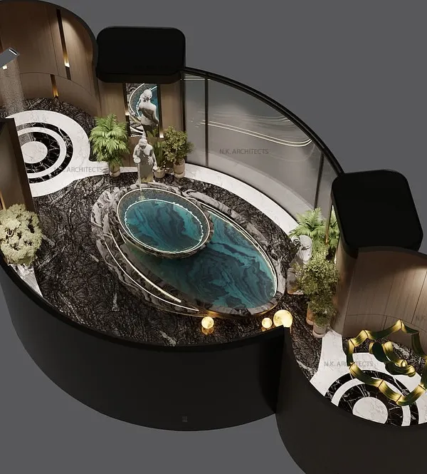 This luxurious bathroom design is a tribute to sea waves, with fluid curves and serene design. The arched walls offer both privacy and an open feeling, framing the mountain view and creating a personal spa-like retreat.