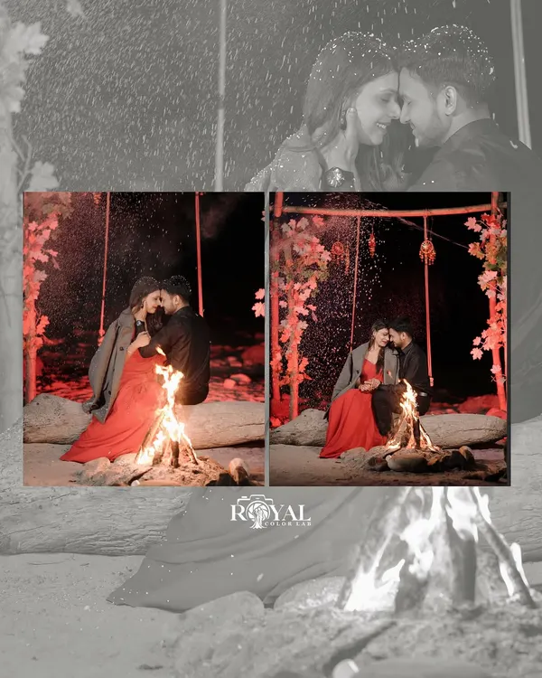 A collage showing a couple's cozy and romantic moments by a bonfire, with artificial snow adding a magical touch.