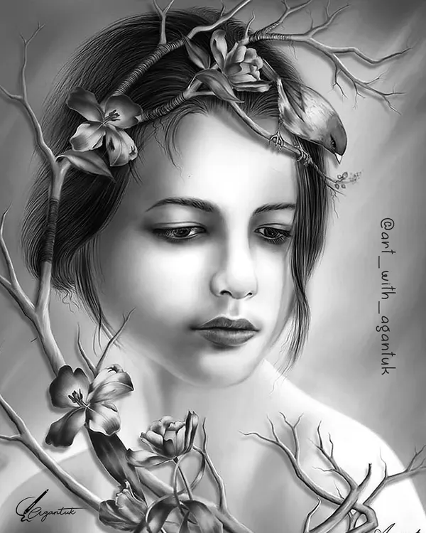 This is an older drawing of mine that falls into the Surrealism art style. It explores the connection between humanity and nature, blending a portrait with elements like branches and birds to create a dreamlike image.