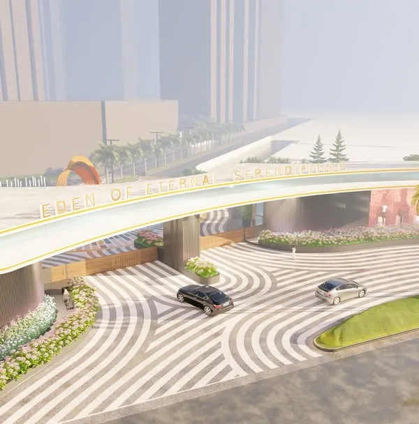 A design for a monumental entrance gateway shaped like a guitar, creating a bold and unforgettable first impression for a themed residential community.