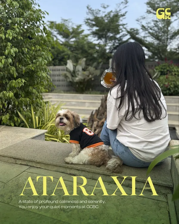 A state of profound calmness. Enjoying a quiet moment with a furry friend and a cold beer is what we call ataraxia.
