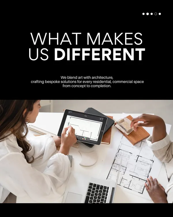 This graphic explains what makes our firm different. We blend art with architecture, crafting bespoke solutions for every residential and commercial space, managing the entire process from the initial concept to final completion.
