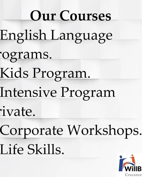 A clear overview of the five main types of courses I offer, including English Language Programs, Kids Programs, Intensive Private sessions, Corporate Workshops, and Life Skills training.