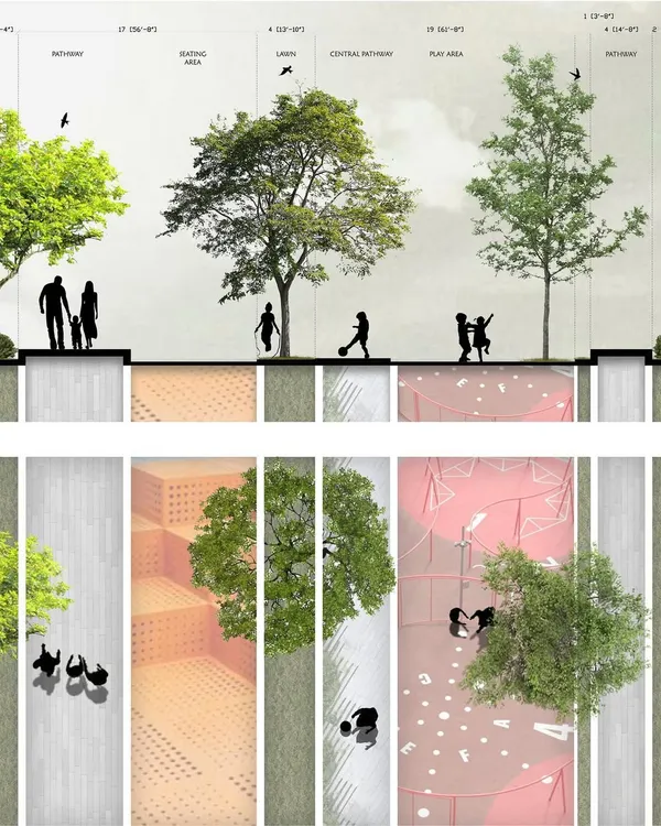 This illustrative plan shows our vision for a 13,000 sqft podium landscape. We designed distinct zones for various activities, including a dedicated kids' play area, quiet seating nooks, and open pathways, creating a multi-functional outdoor amenity for over 120 residential units.