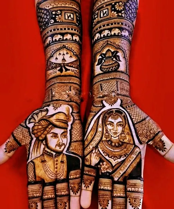 This is the kind of art I love to create. A detailed portrait of the bride and groom on the palms, surrounded by traditional Rajasthani patterns, tells a unique love story. I use 100% natural henna for a rich, dark stain.