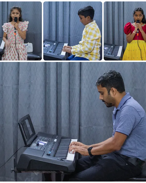 A collage from our open mic session at the BEML branch, showing young vocalists and a teacher on keyboard. These events celebrate the progress of all my students.