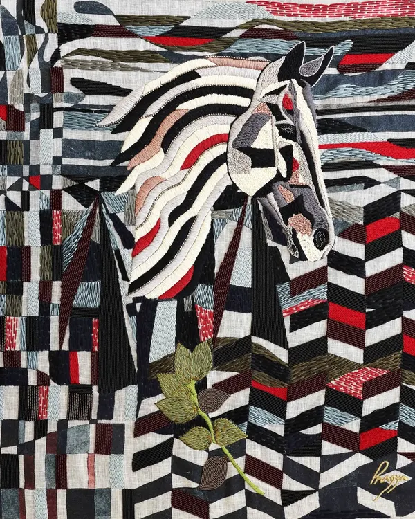 "Horse in his Amber Field." This is the completed hand-embroidered tapestry, a tribute to the majestic and free spirit of the horse. The complex geometric background contrasts with the organic form of the animal, all rendered in detailed threadwork.