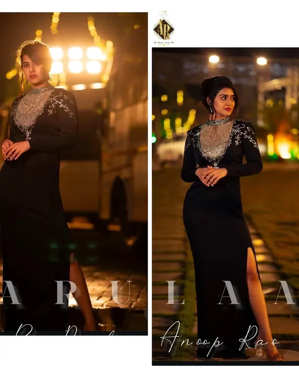 For actress Sanjanaa Anand's appearance for her movie 'Royal', I designed this elegant black gown. The highlight is the sheer, embellished neckline with intricate silver handwork, creating a look that is both sophisticated and glamorous for the red carpet.