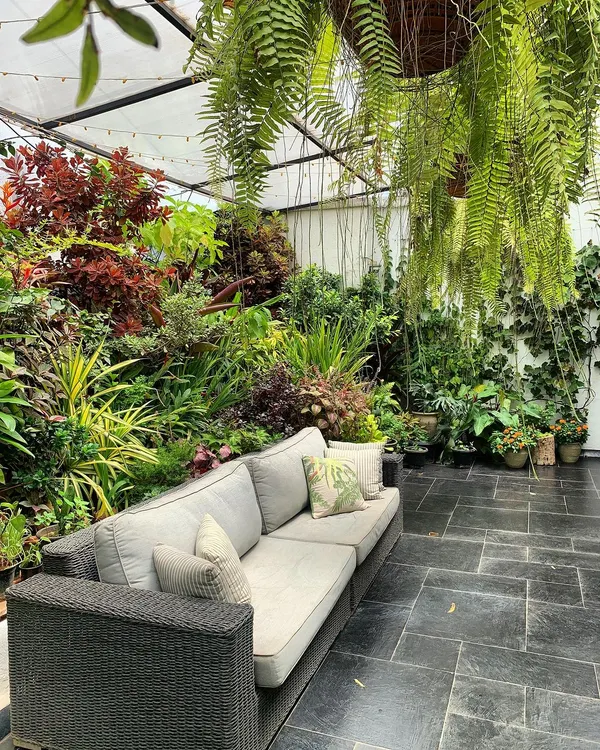 We believe even a city terrace can feel like a wild, tropical escape. For this Bangalore home, we created a dense plant community where every plant supports the others. Notice the hanging ferns and layered foliage that create a complete sensory experience, all while using individual pots.