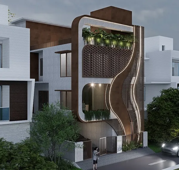 The 'Drape Residence' in Bangalore harmonizes modern elegance with organic elements. The facade's clean lines are contrasted by a flowing, sculptural form, creating a visually striking silhouette that stands out in its urban context.