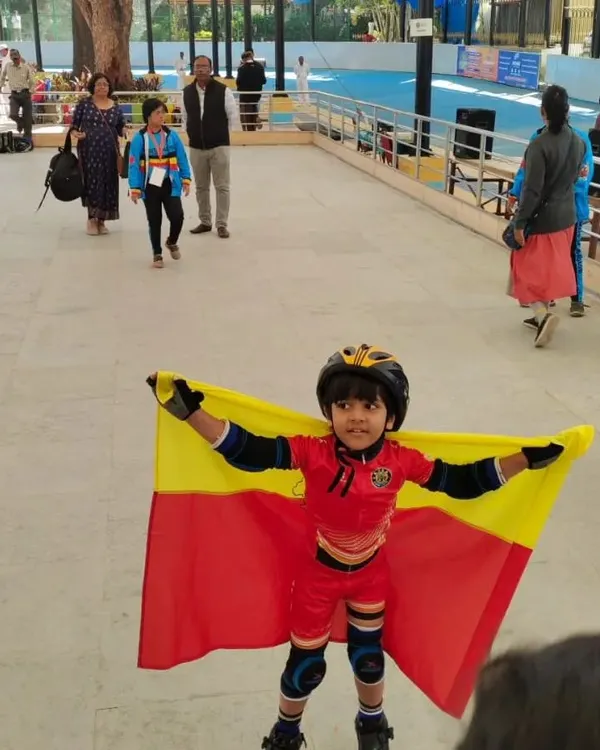 One of our super heroes, Rayaansh, celebrating a victory for Karnataka. This is what pure joy and pride look like. Our adaptive skating program helps every child find their strength and confidence on wheels.