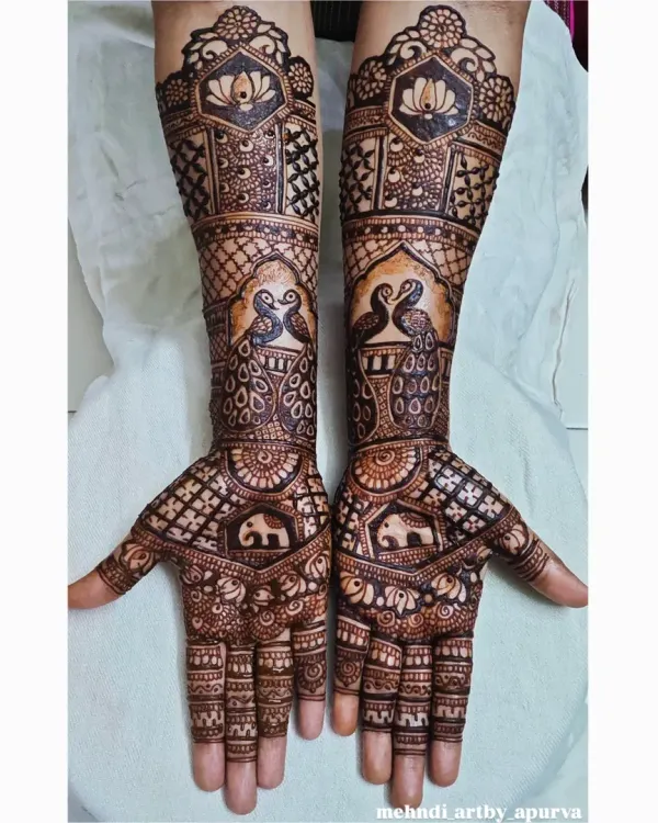 A beautiful pairing of two classic motifs. This design features elegant peacocks on the forearms and small, charming elephants on the palms, creating a story of grace and strength.