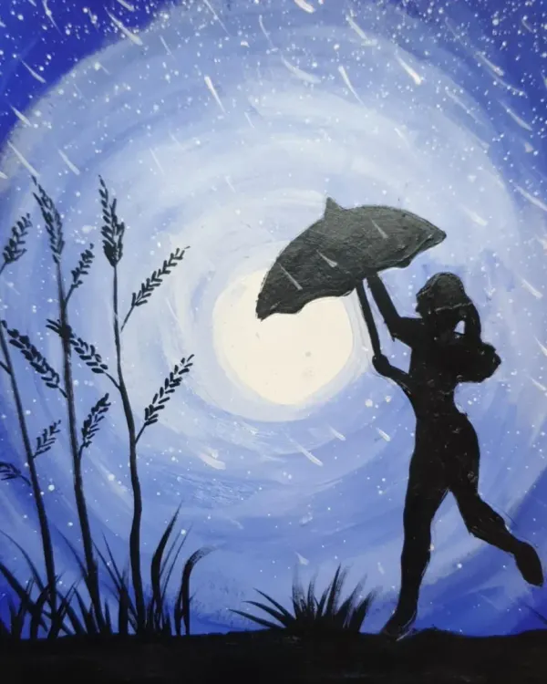 A beautiful finished piece from our monsoon-themed art party, this painting captures the silhouette of a girl in the rain with a striking blue and white palette.
