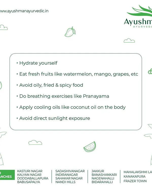 Follow these simple Ayurvedic tips to stay cool and healthy during the summer. Hydrate yourself, eat fresh fruits like watermelon and mango, avoid spicy food, and apply cooling oils like coconut oil.