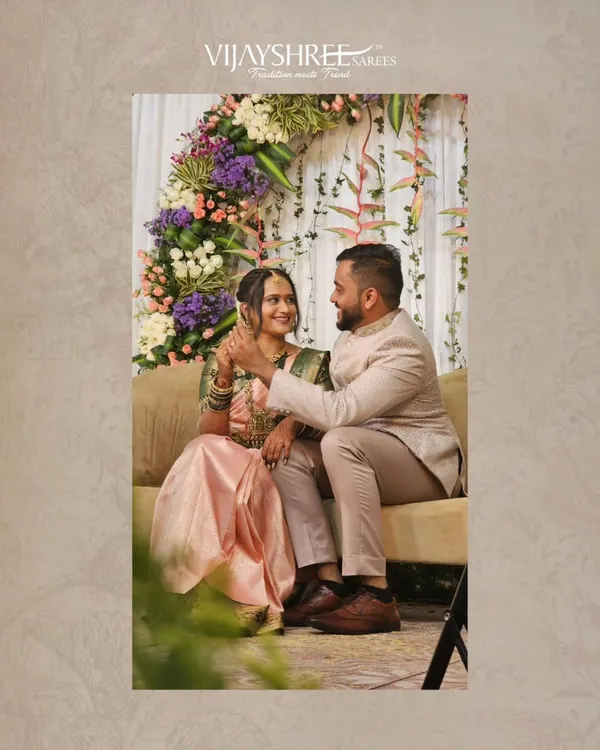 A beautiful moment from Rakshitha Prasad's engagement. She chose a delicate peach and green Kanjivaram, embodying grace and tradition.