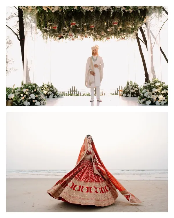 A stunning beachside wedding in Goa, featuring a beautiful bride twirling in her Sabyasachi lehenga and the groom awaiting her at a floral mandap overlooking the ocean.