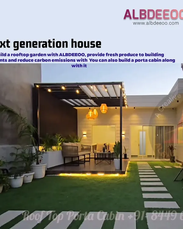 An example of a high-end rooftop garden featuring a custom pergola with warm pendant lights and under-deck LED strips. This setup creates an inviting atmosphere for an evening lounge or al fresco dining.