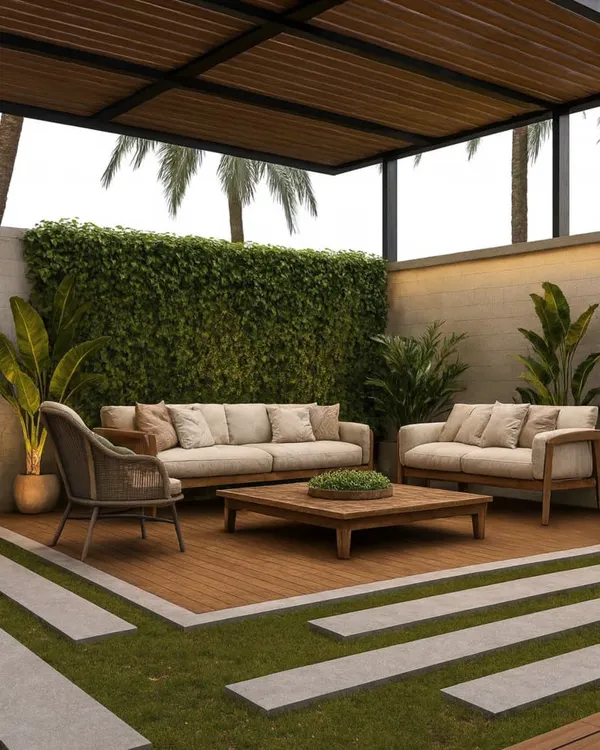 This is what we do best: transform open areas into luxurious outdoor living rooms. This design features a custom slatted pergola providing partial shade over a wooden deck, complemented by comfortable, modern seating and surrounded by lush greenery for a complete resort-like feel.