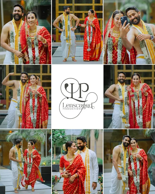 A vibrant collage from a South Indian wedding, filled with fun selfies, traditional attire, and happy couple portraits. This shows the blend of modern fun and timeless tradition.