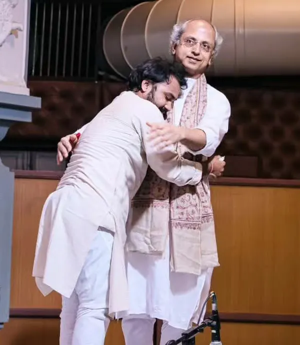 A blessed moment on Guru Poornima, embracing my Guruji, Pt. Yogesh Samsi ji, on stage. A Guru's blessing is the greatest reward for any disciple.