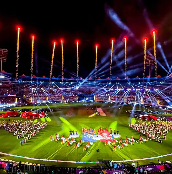 A breathtaking aerial view of the ICC Women's World Cup opening ceremony. We managed the entire production, from the grand stage design and synchronized choreography to the electrifying pyrotechnics and lighting that filled the stadium.