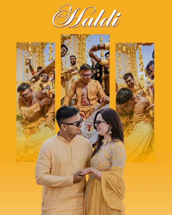 A fun and vibrant collage capturing the essence of a Haldi ceremony, from the couple's portrait to the wild and playful moments with friends.