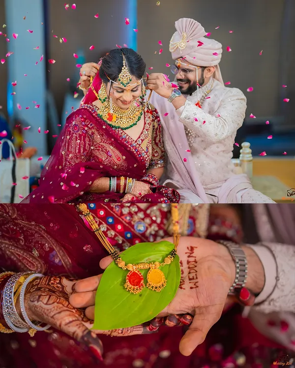 A diptych showing the sacred mangalsutra ritual, a key moment in a Hindu wedding, and a close-up of the mangalsutra itself.
