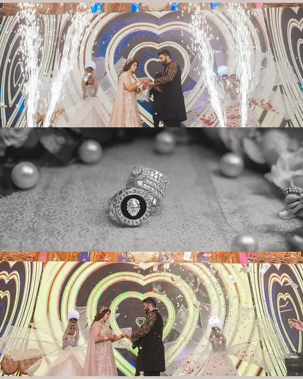 A collage capturing the key moments of a grand engagement ceremony. It showcases the couple exchanging rings on a dazzling stage with pyrotechnics and a detailed shot of their unique engagement rings.