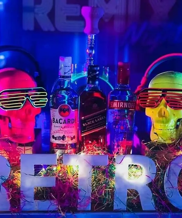 The centerpiece of my Retro Rewind bar. A light-up 'RETRO' sign is flanked by two colorful skulls wearing headphones and neon shutter shades, perfectly capturing the fun and funky vibe of the 80s.