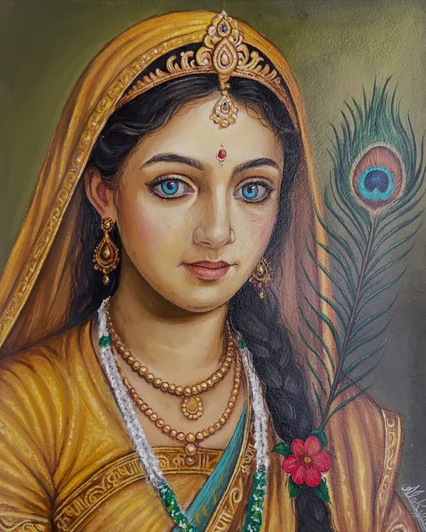 A finished portrait of Radha Rani, painted with acrylics on paper. I focused on her serene expression and the intricate details of her jewelry and the peacock feather.