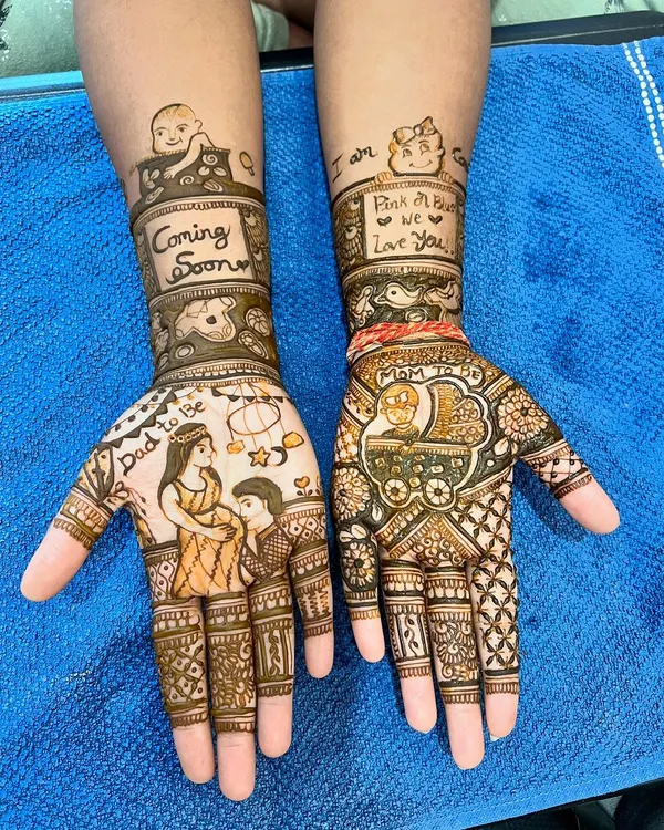 A wonderfully detailed baby shower mehendi. This design includes portraits of the parents, a baby in a cradle, and sweet messages to celebrate the new arrival.