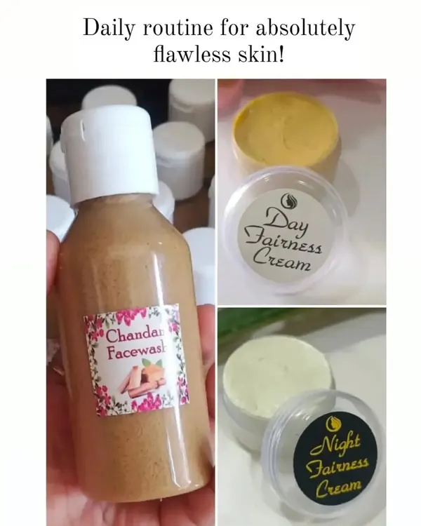 My daily routine for absolutely flawless skin: Chandan Face Wash, Day Fairness Cream, and Night Fairness Cream. This combination provides 24-hour care.
