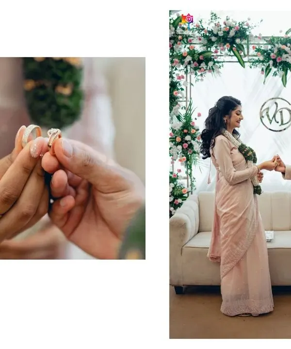 A collage capturing the central moment of the ring exchange. We focus on the hands and the couple's expressions to tell the complete story of this promise.