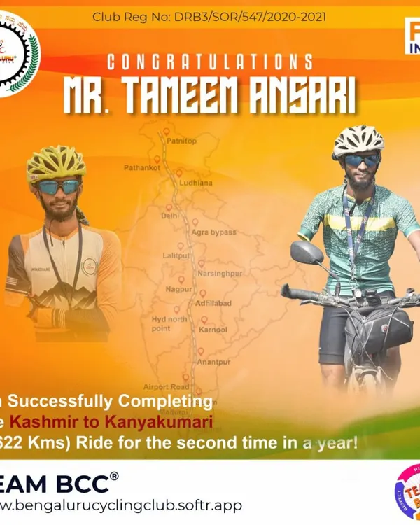 Twice in a year! We are incredibly proud to celebrate Tameem Ansari for completing the grueling 3622 km Kashmir to Kanyakumari (K2K) ride for the second time in a single year. His determination is truly unmatched.