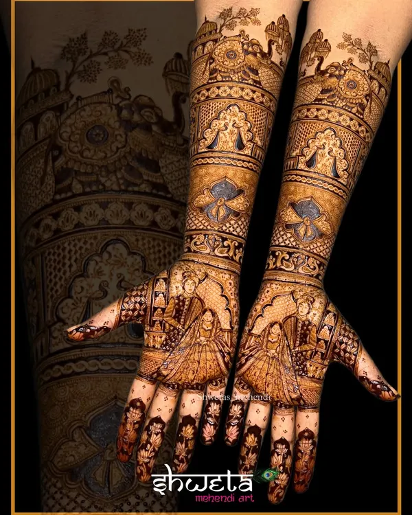 A complete bridal mehendi design featuring a bride figure on the palms. This is a perfect example of the full, story-driven designs we create for our brides.