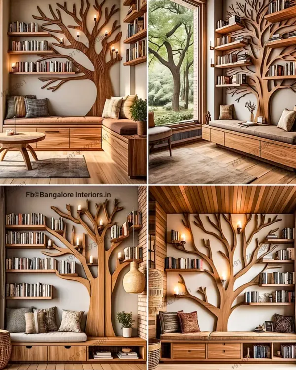 A showcase of our custom tree-shaped bookshelf designs. This unique piece of furniture acts as both a functional library and a stunning piece of wall art, complete with integrated seating and lighting.