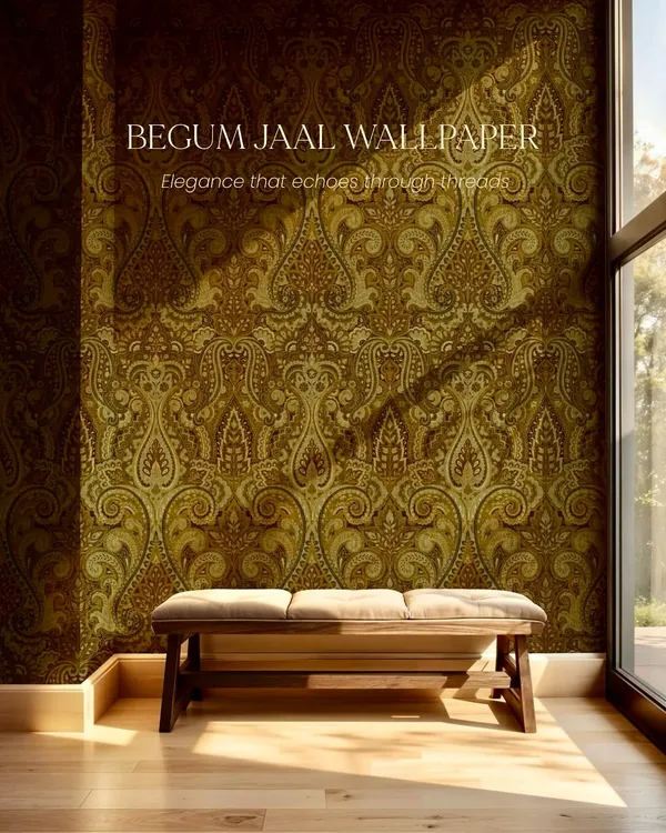 The Begum Jaal wallpaper, inspired by the royal Jamawar shawls of Kashmir, fills this sunlit corner with warmth and elegance. The olive and gold paisley pattern creates a feeling of timeless luxury.