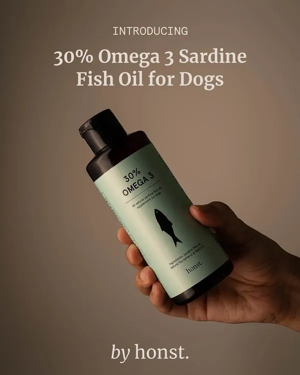 Introducing the 30% Omega 3 Sardine Fish Oil by Honst. We chose to stock this because it's a research-backed daily supplement, formulated by a certified canine nutritionist to support your dog's overall health.