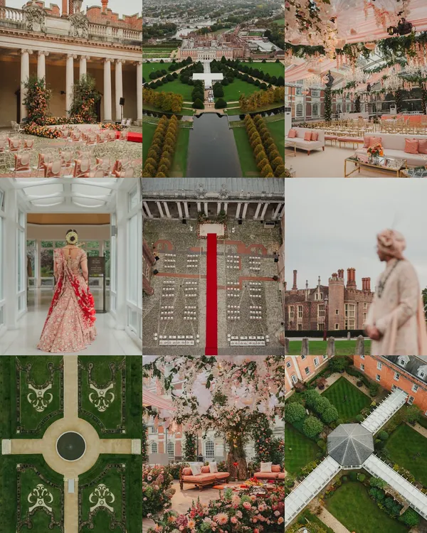 A collage capturing the essence of an Indian wedding at Hampton Court Palace, London. This event was a unique collaboration, blending rich Indian traditions with the timeless grandeur of a deeply English venue.