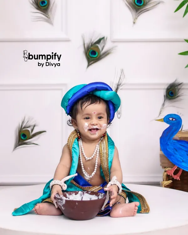 Such a joy to capture this little Kanha's mischievous smile after he's had his fill of makkhan! This is the magic I strive for in my Janmashtami baby photoshoots, a moment of pure, playful innocence.