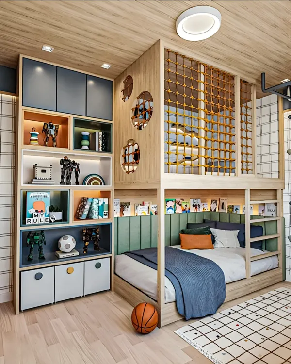 A fantastic kids' room featuring a loft bed with a rope net barrier and an integrated bookshelf. The lower level provides a cozy sleeping or play area, making it a complete fun zone.