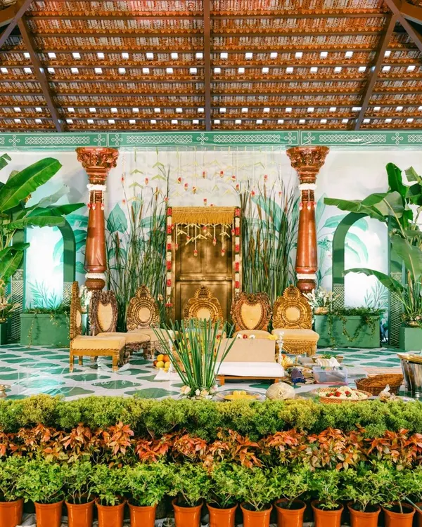 We believe in creating settings that feel both grand and deeply personal. This Muhurtham stage, rich with lush banana leaves and traditional pillars, was designed to be a breathtaking backdrop for a sacred union.