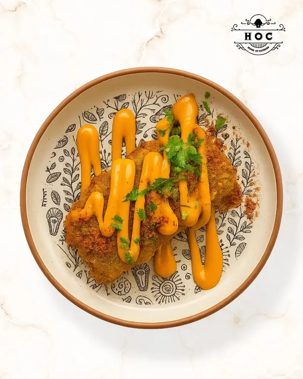 This is our Dukkah Spiced Cottage Cheese, a signature fusion dish. The soft paneer is coated in a crunchy, nutty spice blend and fried, then drizzled with a creamy, tangy sauce for a multi-layered flavour experience.