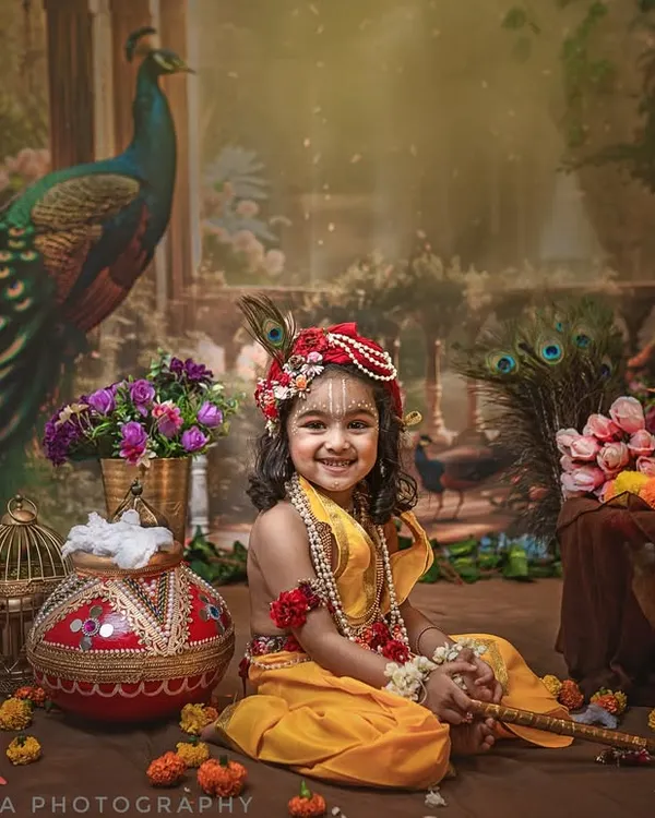 A joyful little Krishna with the most infectious smile. This shot captures the playful spirit of the theme, with a detailed set including butter pots, flowers, and a peacock backdrop.
