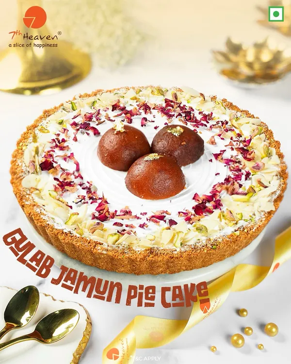 Why choose between cake and mithai? Our Gulab Jamun Pie Cake features a crunchy tart base, a creamy layer, and soft gulab jamuns on top, creating the perfect fusion dessert.