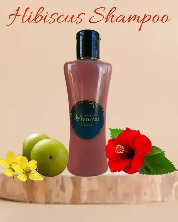 This is my Hibiscus Shampoo, made with fresh hibiscus flowers and leaves. It is perfect for treating dandruff, preventing premature greying, and conditioning dry or frizzy hair to make it healthy and thick.