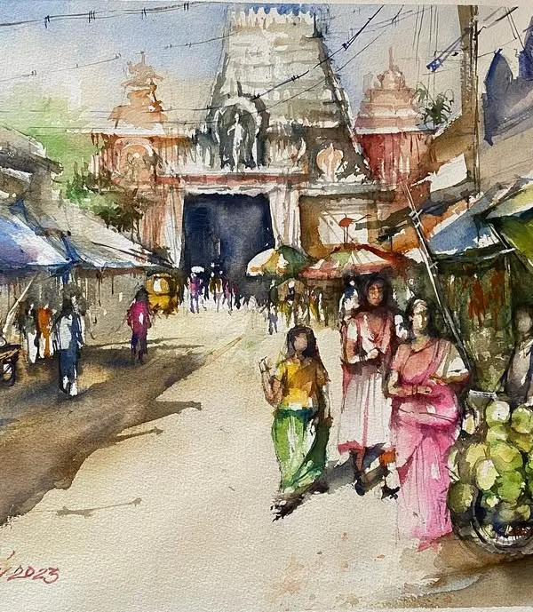 A watercolor painting of a busy temple street in South India. I love the vibrant energy of these places, with their colorful shops, fresh flowers, and the lingering scent of incense.