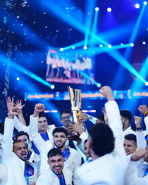 The moment all the effort of two seasons culminates into one beautiful evening. The Haryana Steelers team celebrating our Pro Kabaddi League championship win, holding the trophy high.