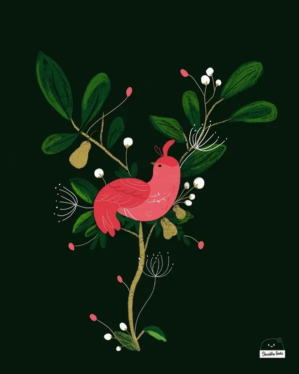 A colorful digital illustration featuring a pink bird among green leaves and delicate flowers. I love playing with color palettes and textures in Procreate to create rich, eye-catching artwork.